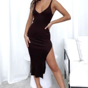 White fox chocolate midi dress with slit
